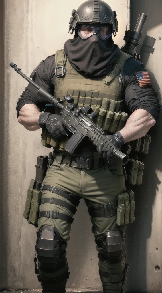 a man in a black uniform holding a rifle and a red light, airsoft cqb, rb6s), special forces, fps shooter game, rb6s, rb 6 s, monochrome and red color bleed, fps game, military photography, hq 4k phone wallpaper, french special ops, game promotional poster, warzone background, helghast, airsoft close quarter combat, konig-222-444, long black sniper cloth mask covering face, big, muscled, Austrian man, tall, giant