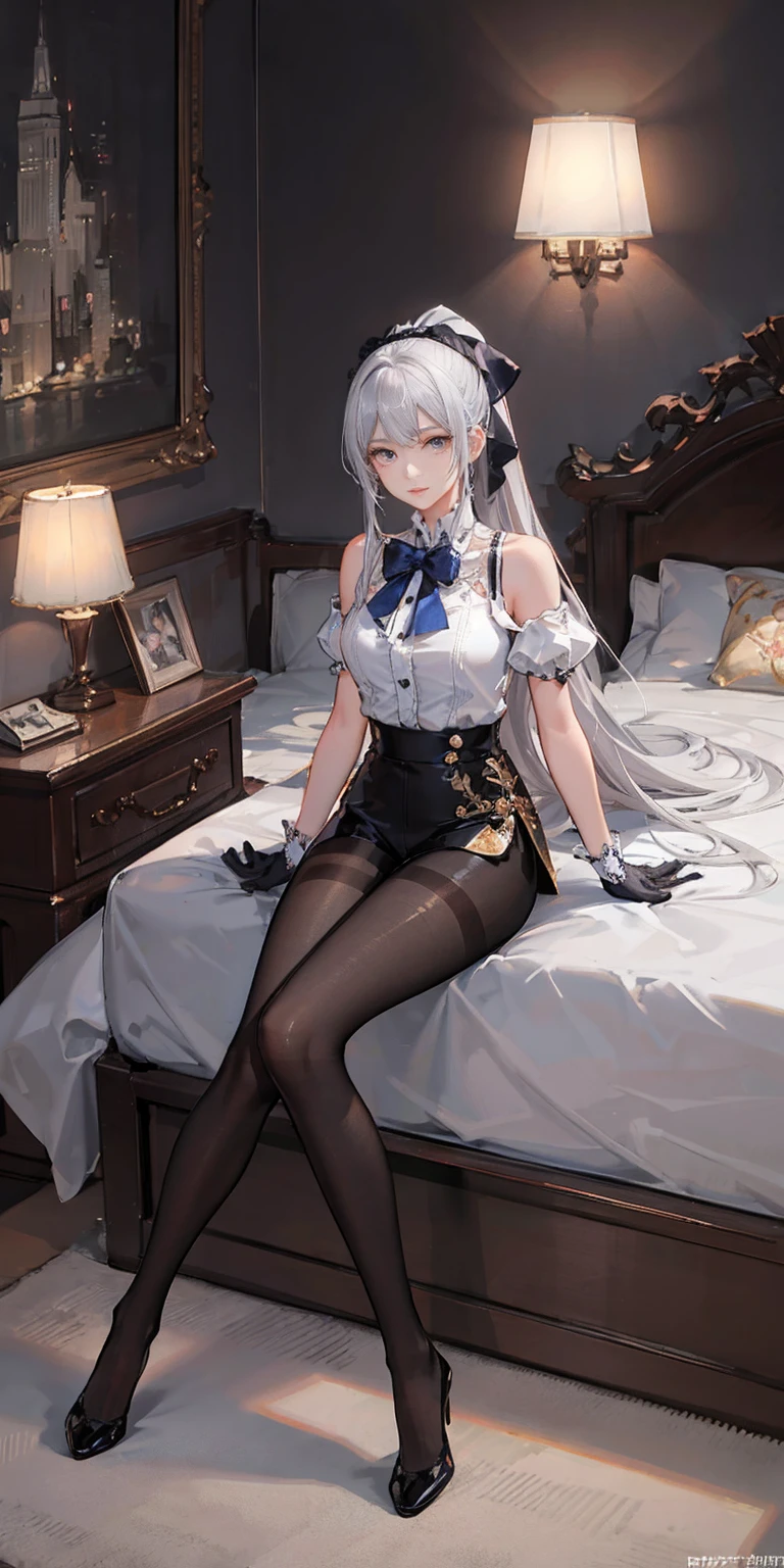 (((1 girl)),ray tracing,(dim lighting),[detailed background (bedroom)),((silver hair)),((silver hair)),(Fluffy silver hair, plump slender girl)) with high ponytail)))) Avoid blonde eyes in the ominous bedroom ((((Girl wears intricately embroidered black high-waisted pants with pantyhose) and white ruffled bow gloves), showing a delicate slim figure and graceful curves, correct limbs, sitting on the bed