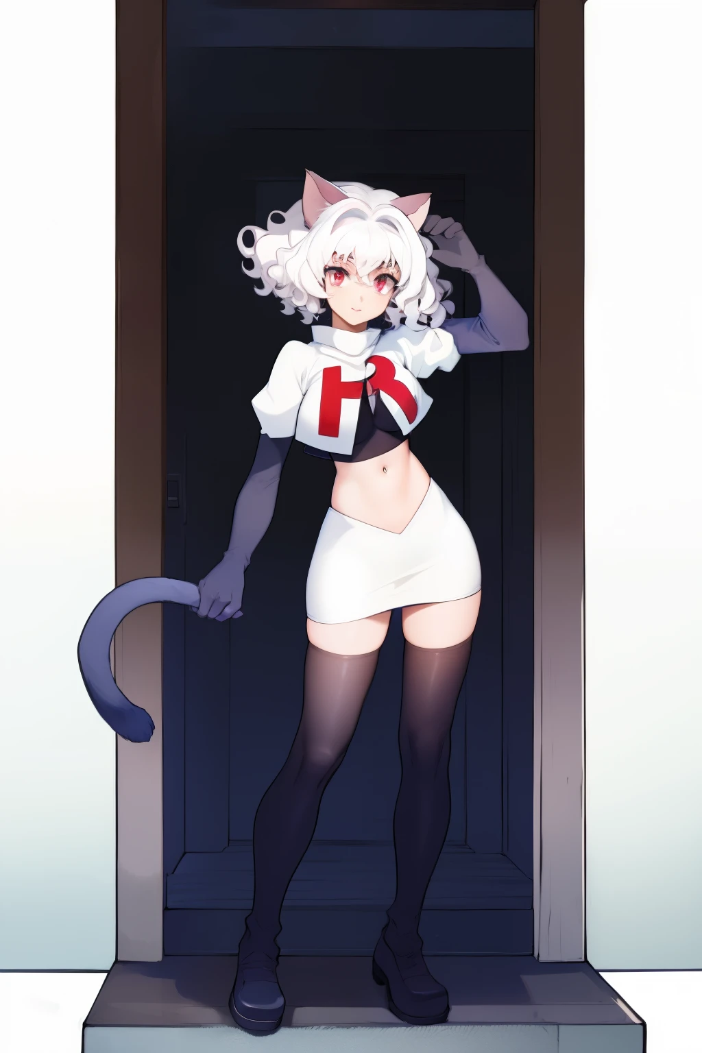 ((masterpiece)), (best quality:1.7), (detailed:1.4), (high res:1.4), 8k, (colorful:1.5), 2d, high resolution, sharped image, 4k, hd, neferpitou_hunterxhunter, 1other, solo, red eyes, white hair, white tail, animal ears, curly hair, hair between eyes, medium breasts, androgynous, short hair, cat ears,(((cat tail))))), (narrow eyes), ((slim)), long legs, :3, (( character)), team rocket,team rocket uniform,white skirt,red letter R,crop top,black thigh-highs,black elbow gloves