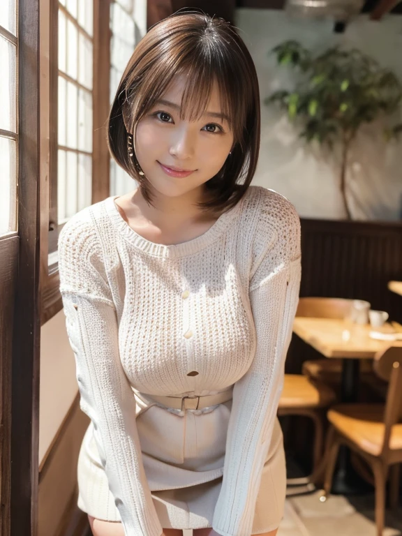 (8k、 highest quality、 masterpiece、 Realistic、 Very detailed:1.3)、(Photorealistic:1.2)、((A tight-fitting off-the-shoulder sweater))、((Beautiful Japanese Women))、One Woman、Light brown hair、(Big Tits 1.8)、Smart Body、Laughter、Very detailedな顔、Detailed eyes、(Sit on a chair)、Skirt rolled up、Panties