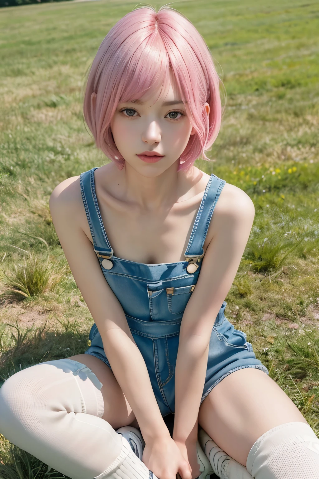 (8K, top-quality, masterpiece:1,2), (reallistic, Photorealsitic:1.37), Super Detail, One girl,), (Highly detailed), (beautifully detailed eyes), (of the highest quality), (super detailed ), (masterpiece), (Detailed face),20yr old, ,1 girl, full body, pink hair,Very short hair, medium breasts, clothed, Perfect Lighting, pussy and breast focus, looking at viewer, aroused face, naughty face, Park, grass, ((children's clothing, coveralls, athletic shoes, knee-high socks, absolute area)), standing