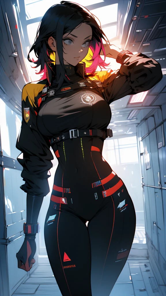 ((La mejor calidad)), ((Obra maestra)), (Detallado: 1.4), absurdo, Caucasian female fighter pilot defined muscular body, Llevar una trenza, muslos desnudos medio gruesos, boca cerrada, solo bragas, muscular body parts covered by technological clothing, (((senos grandes)) Perfecto, Escote generoso, ((negro, Ropa amarilla y roja)), Alemania, tonos pastel, pelo largo y liso rubio con polilla, Ropa interior corta, liguero,  por mucha, niji --V5, cerca de real, La mejor calidad, casi desnudo, psychopathic, cara loca, pose sexy, background with a negro eagle symbol of Alemania, Ropa de 2 piezas, star and lightning designs on arms, cyberpunk, negro bra with the eagle covering the breasts, (((clothes with the colors of the flag of Alemania)))), hombreras puntiagudas, ojos azules sin pupilas,  HDR (High Dymanic Range),Trazado de rayos,NVIDIA RTX,Super-Resolution,Irreal 5,Subsurface dispersion, Textura PBR, Post-procesamiento, Anisotropic filtering, Profundidad de campo, Maximum clarity and sharpness, Texturas multicapa, Albedo y mapas especulares, Sombreado de superficies, Accurate simulation of light-material interaction, proporciones perfectas, Renderizado de octanaje, two-color illumination, Amplia apertura, ISO bajo, balance de blancos, Regla de los tercios,  8K RAW, crysisnanosuit