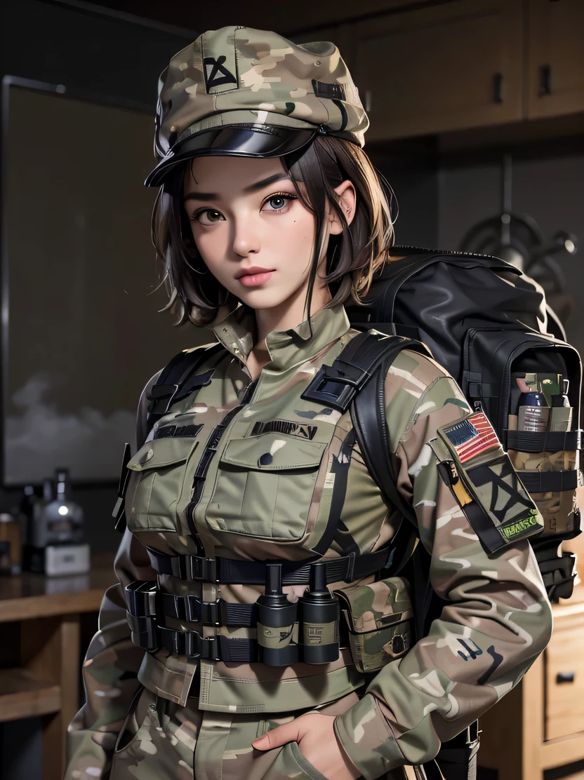 ((masterpiece、top-quality、realisitic、ultra-detailliert、hight resolution、Photorealsitic、foco nítido))、Stunning portrait of a beautiful woman、cowboy shot、Focus from the waist up、With an oval face and symmetrical facial structure、big eye、A detailed eye、pale white skin、Mouth closed、A dark-haired、short cropped hairstyle、military hat、Army camouflage uniform、Camouflage Tactical Vest、Long trousers with camouflage pattern、Combat gloves、rucksack、Black Military Undershirt、Tanks on the background、White smoke、Detailed hand depiction