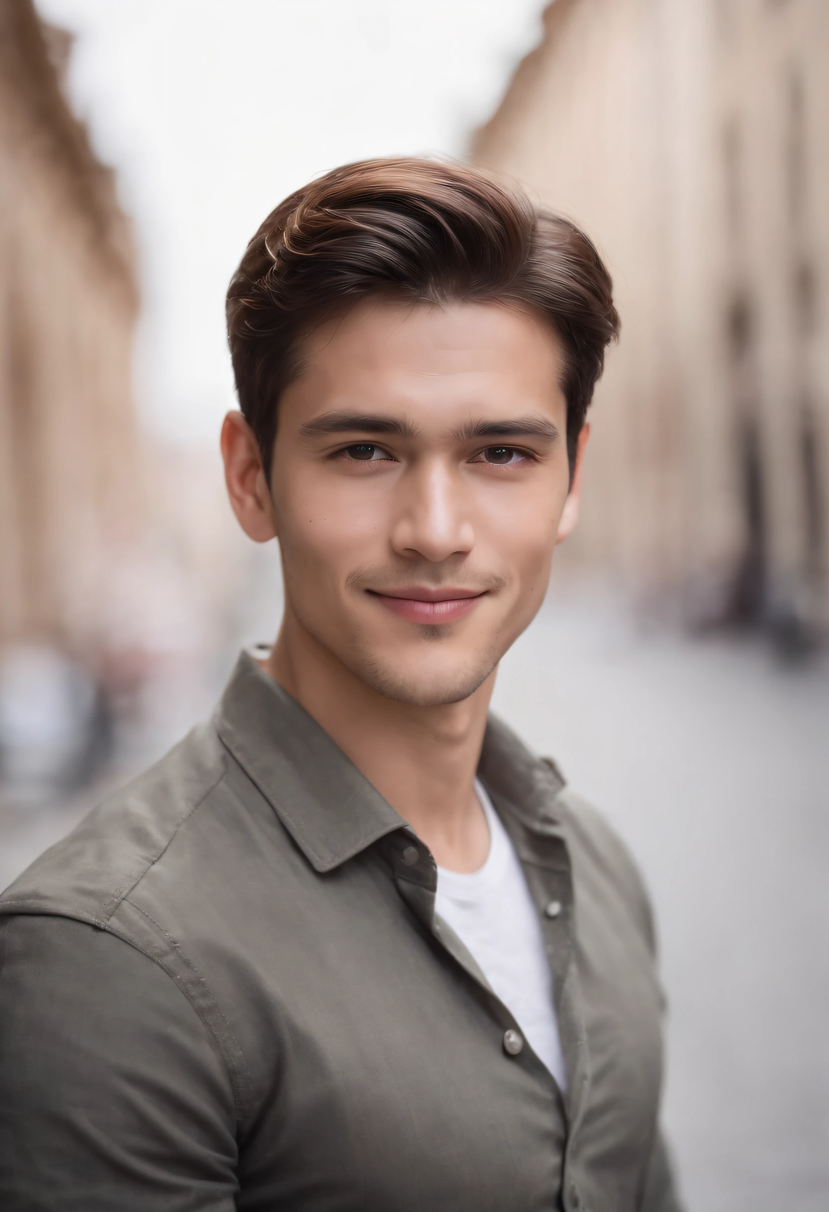 ((Best quality, 8k, Masterpiece :1.3)), european man, smiling, full body, slim face, handsome guy, (Dark brown hair), dress shirt :1.1, Ultra-detailed face, Detailed eyes, Double eyelid, blur background, slim face, city, outside, street,