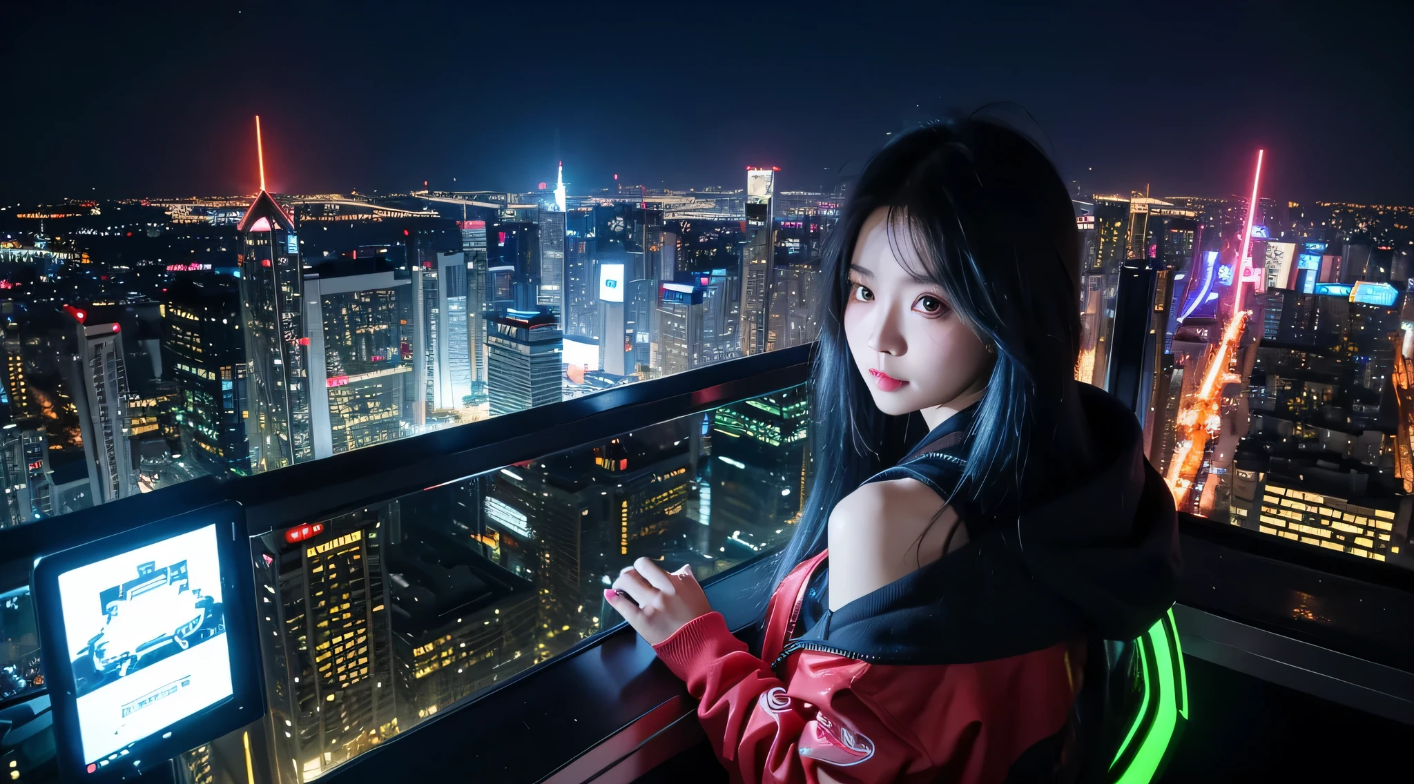 (tmasterpiece), Best quality, 超高分辨率,, Cyberpunk 1girl flies over stunning cityscapes ,hoody,Blue hair, neon colored流星, Very long hair, cropped shoulders, feathers hair ornament, neon colored, twinkle, stunning night sky, 电影灯光, realistically, realistically的皮肤, HighDynamicRange,fish eye