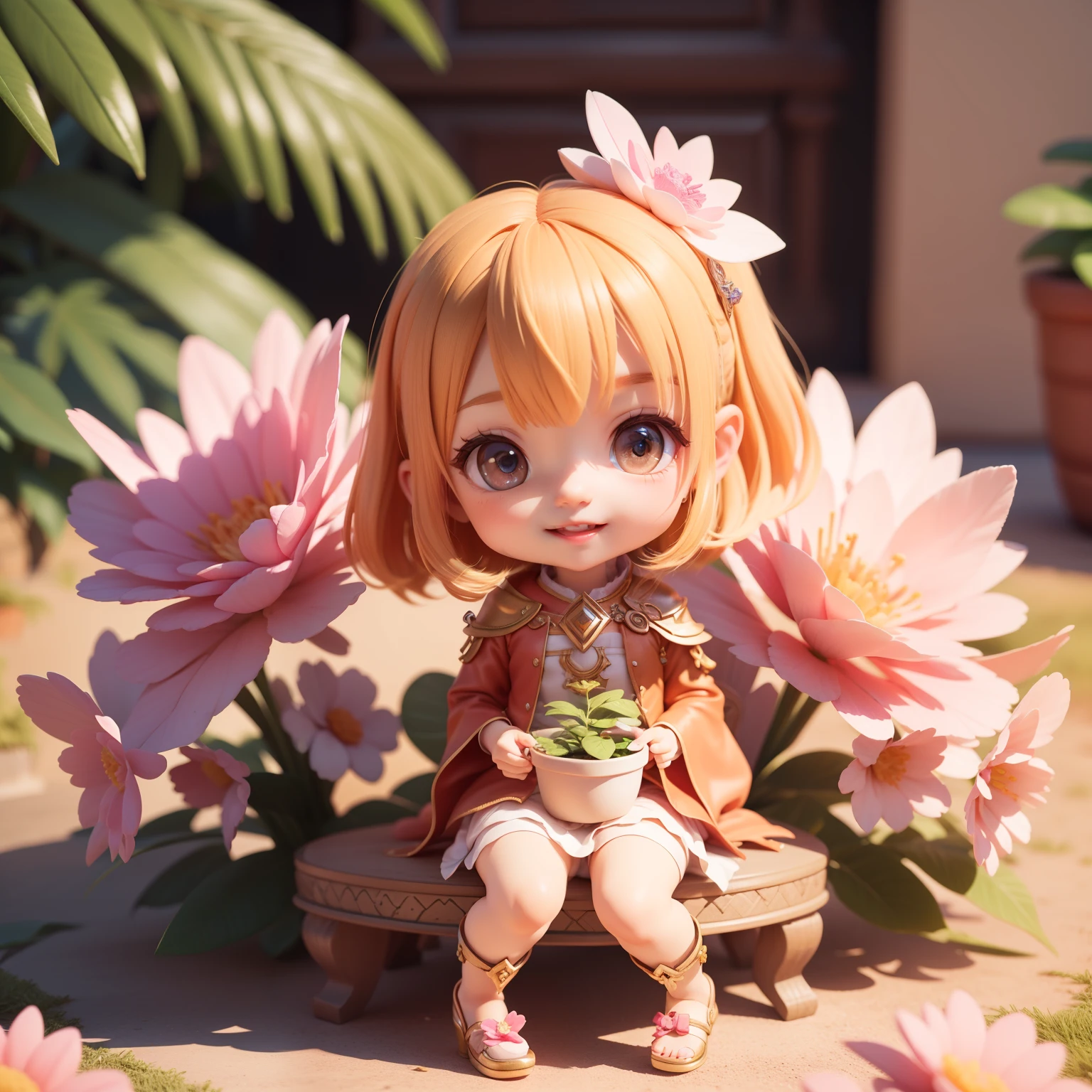 Cute Baby Chibi selena mobile legend,(((Chibi 3D))) (Best Quality) (Master Price)、(Chibi :1.3)、Sitting on smoky pink flowers、specimen、houseplant、Open your mouth and smile、Jewelry Decoration Costumes