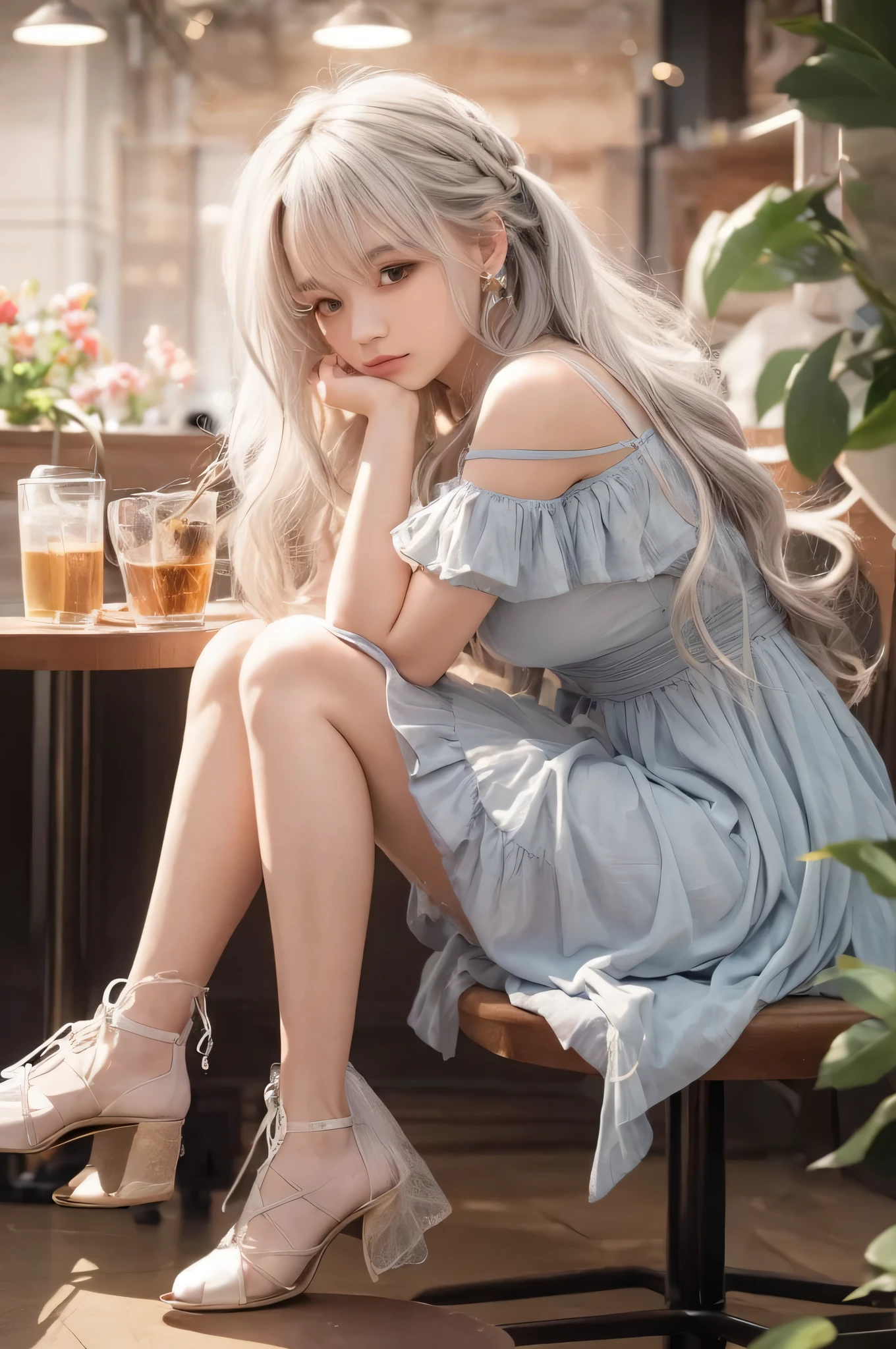 Cute girl sitting on a chair in a cafe with her legs crossed, cute girl in a nice dress, perfect white haired girl, beautiful cute girl, **** in dress, girl with white hair, cute girl with long hair, attractive cute girl, young cute girl, an cute girl, pretty cute girl, realistic visual of a cute girl, beautiful alluring cute woman, realistic