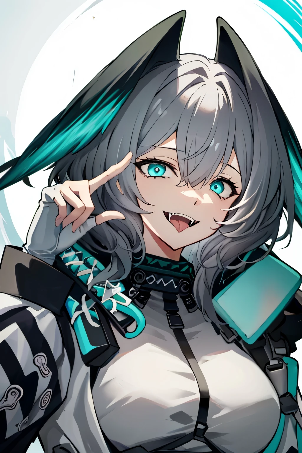 hoolheyak(arknights), 1girl, open mouth, solo, tongue, fingerless gloves, hood, tongue out, smile, grey hair, portrait, aqua eyes, hair between eyes, looking at viewer, i fangs, gloves, white gloves