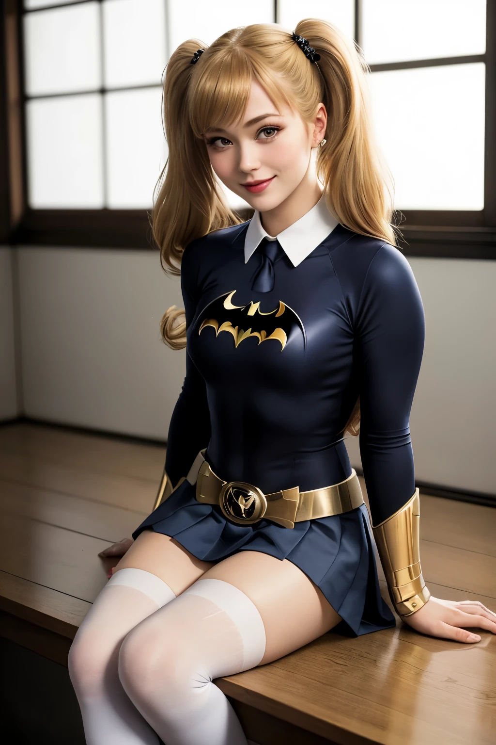 Ultra realistic 8K CG, (picture-perfect face, one pretty face in 1000, perfect, (blonde), (batgirl), clean, masterpiece, portrait lighting, professional artwork, famous artwork, cinematic bloom, girl one, bangs, small, eyelashes, natural makeup, hair ornament, indoor, lips, long hair twin tails, staring viewer, panty shot, Pleated skirt, School uniform, Serafuck, Sitting, Skirt, Solo, Thigh Socks, Undergarment, (white legwear, slim thin legs), (white panties), Smile, Solo