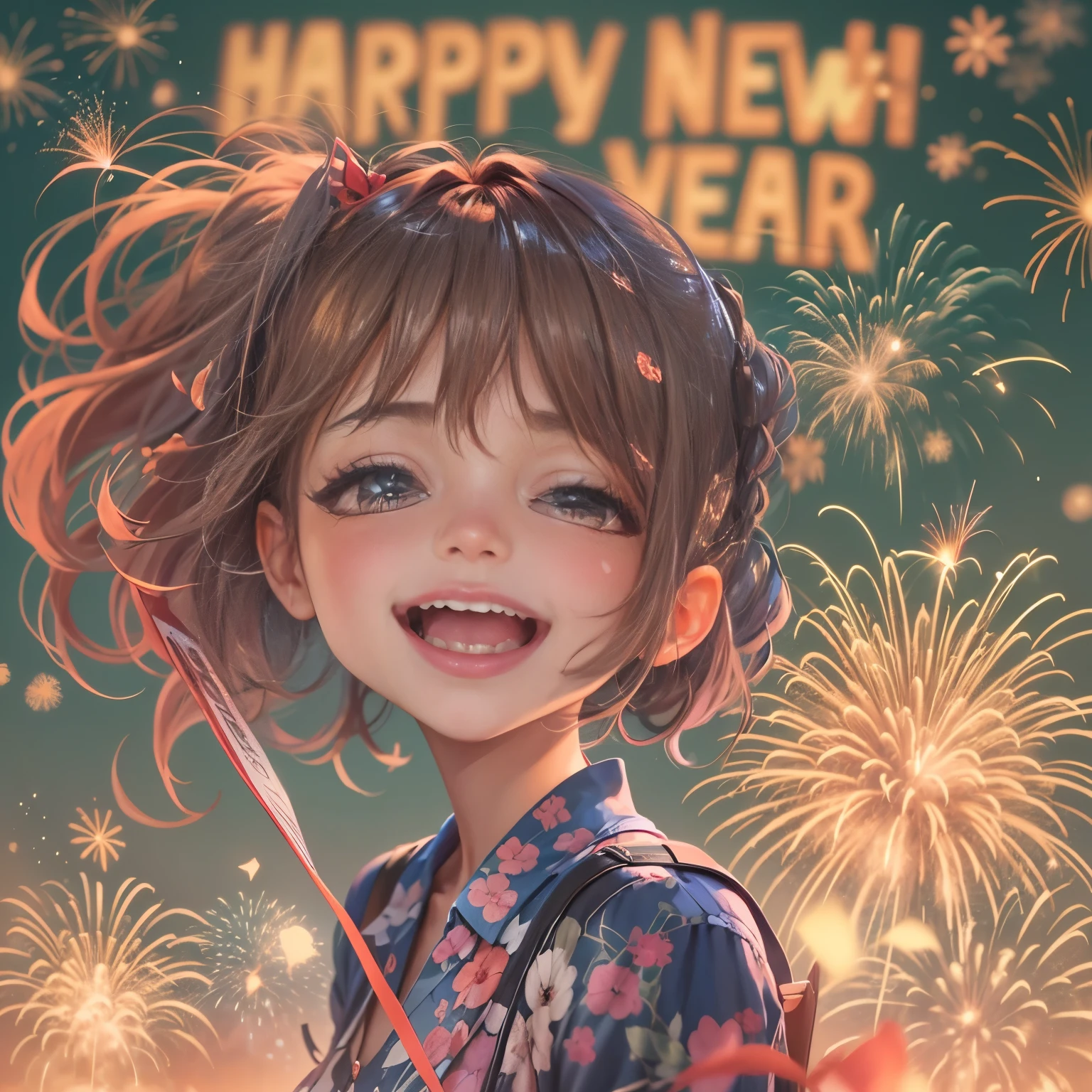 1girl in, Ogle, Wink, fireworks scene, text in "Happy new year!"