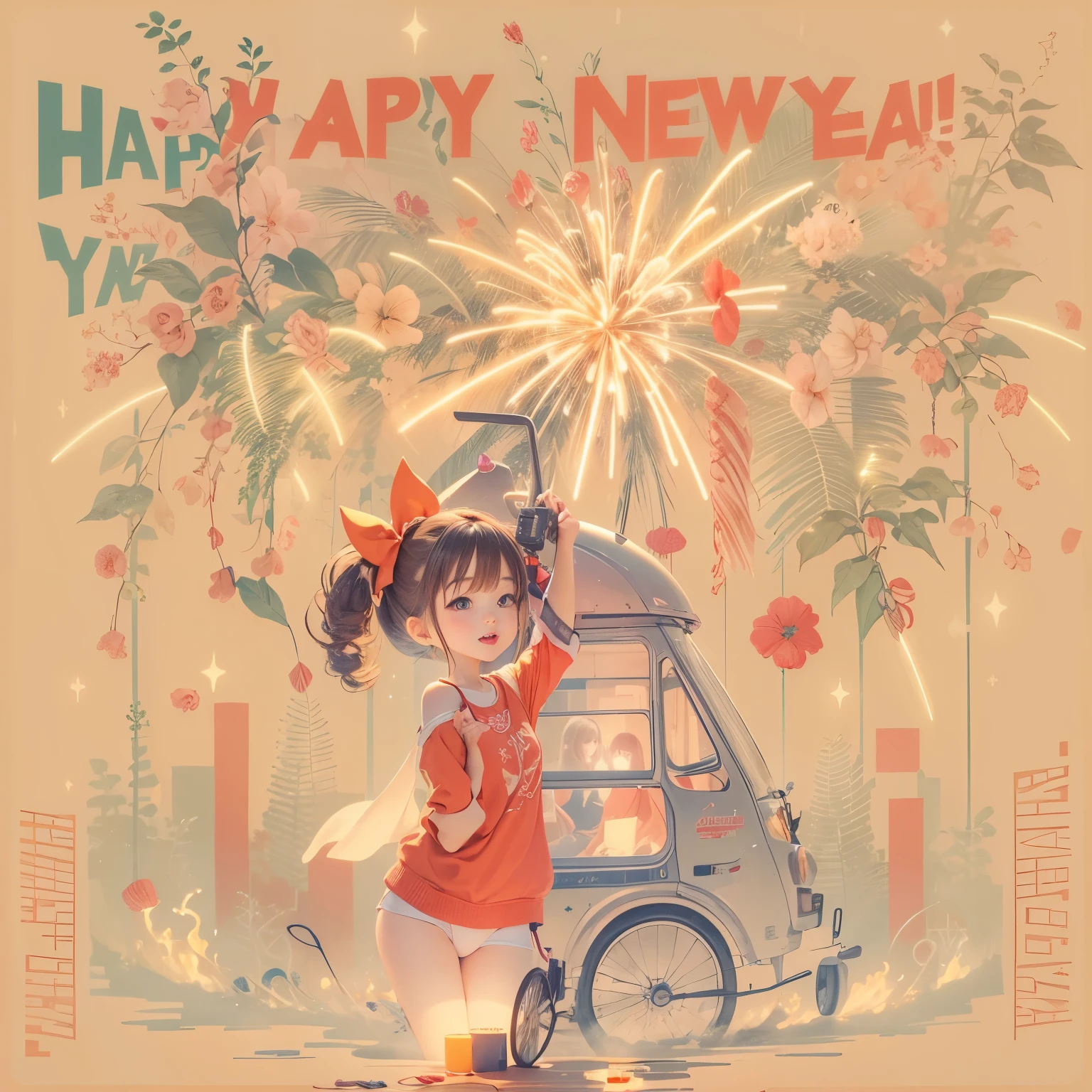 1girl in, Ogle, Wink, fireworks scene, text in "Happy new year!"