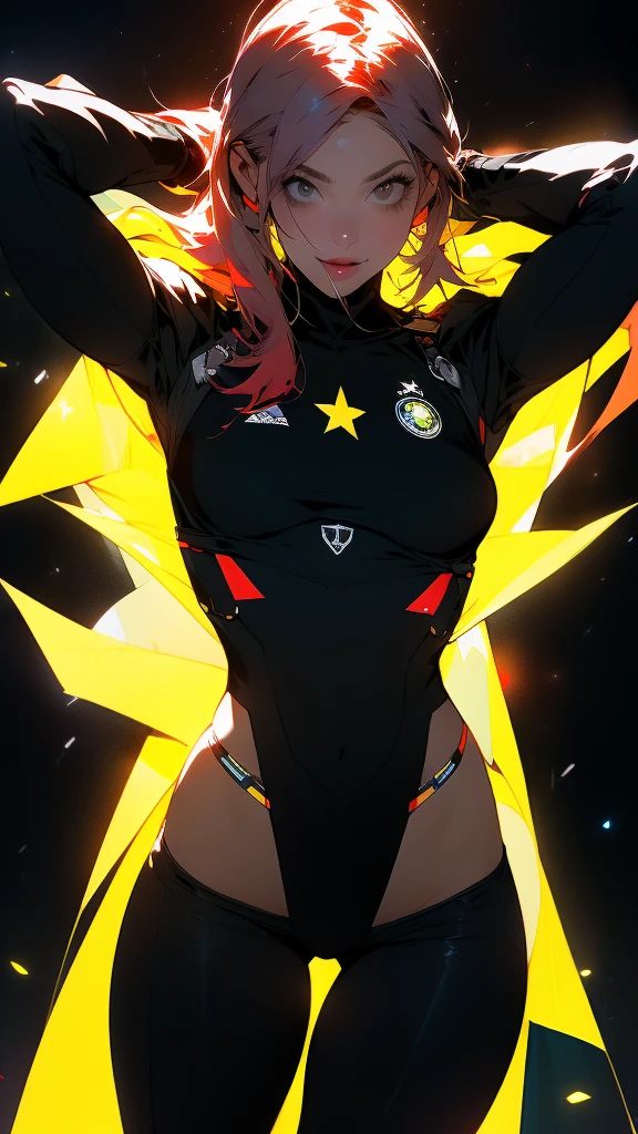 ((La mejor calidad)), ((Obra maestra)), (Detallado: 1.4), absurdo, Caucasian female fighter pilot defined muscular body, Llevar una trenza, muslos desnudos medio gruesos, boca cerrada, solo bragas, muscular body parts covered by technological clothing, (((senos grandes)) Perfecto, Escote generoso, ((negro, Ropa amarilla y roja)), Alemania, tonos pastel, pelo largo y liso rubio con polilla, Ropa interior corta, liguero,  por mucha, niji --V5, cerca de real, La mejor calidad, casi desnudo, psychopathic, cara loca, pose sexy, background with a negro eagle symbol of Alemania, Ropa de 2 piezas, star and lightning designs on arms, cyberpunk, negro bra with the eagle covering the breasts, (((clothes with the colors of the flag of Alemania)))), hombreras puntiagudas, ojos azules sin pupilas,  HDR (High Dymanic Range),Trazado de rayos,NVIDIA RTX,Super-Resolution,Irreal 5,Subsurface dispersion, Textura PBR, Post-procesamiento, Anisotropic filtering, Profundidad de campo, Maximum clarity and sharpness, Texturas multicapa, Albedo y mapas especulares, Sombreado de superficies, Accurate simulation of light-material interaction, proporciones perfectas, Renderizado de octanaje, two-color illumination, Amplia apertura, ISO bajo, balance de blancos, Regla de los tercios,  8K RAW, crysisnanosuit