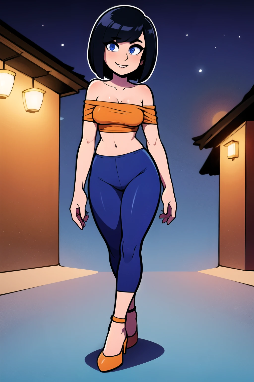 beautiful, masterpiece, best quality, 1 girl, solo, black hair, short hair, bob hair, bare neck, bare shoulders, blue eyes, medium breast, orange ruffle off the shoulder top, orange strapless shirt, belly button, thin waist, blue leggings, black high heels, walking, candles, Mexican Village background