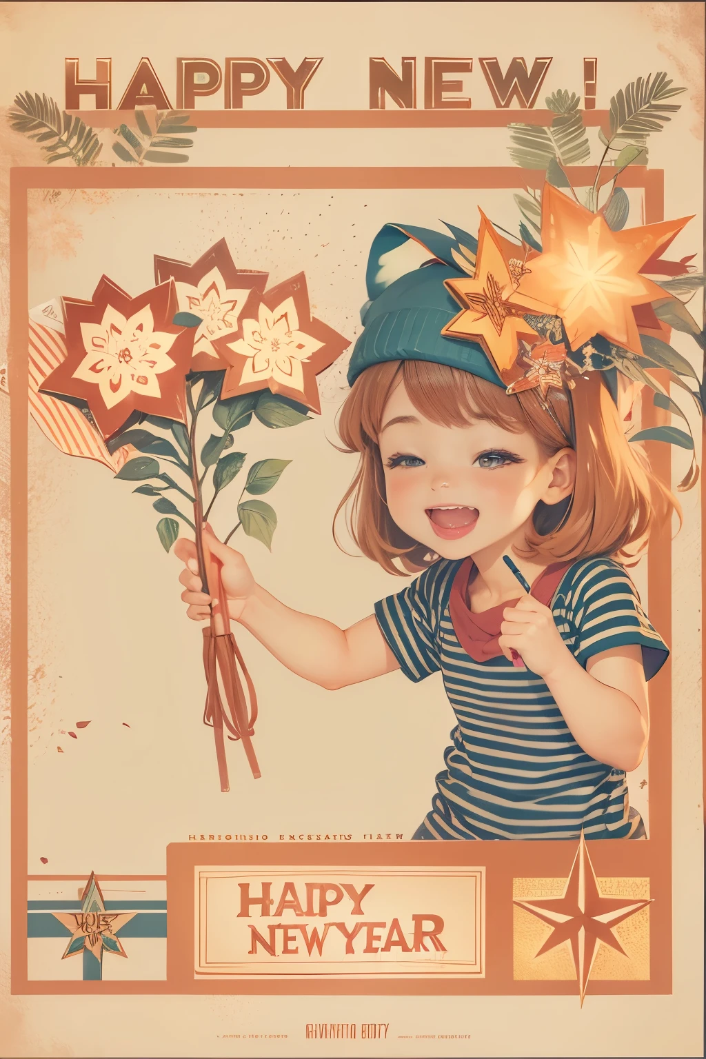 1girl in, Ogle, Wink, fireworks scene, text in "Happy new year!"