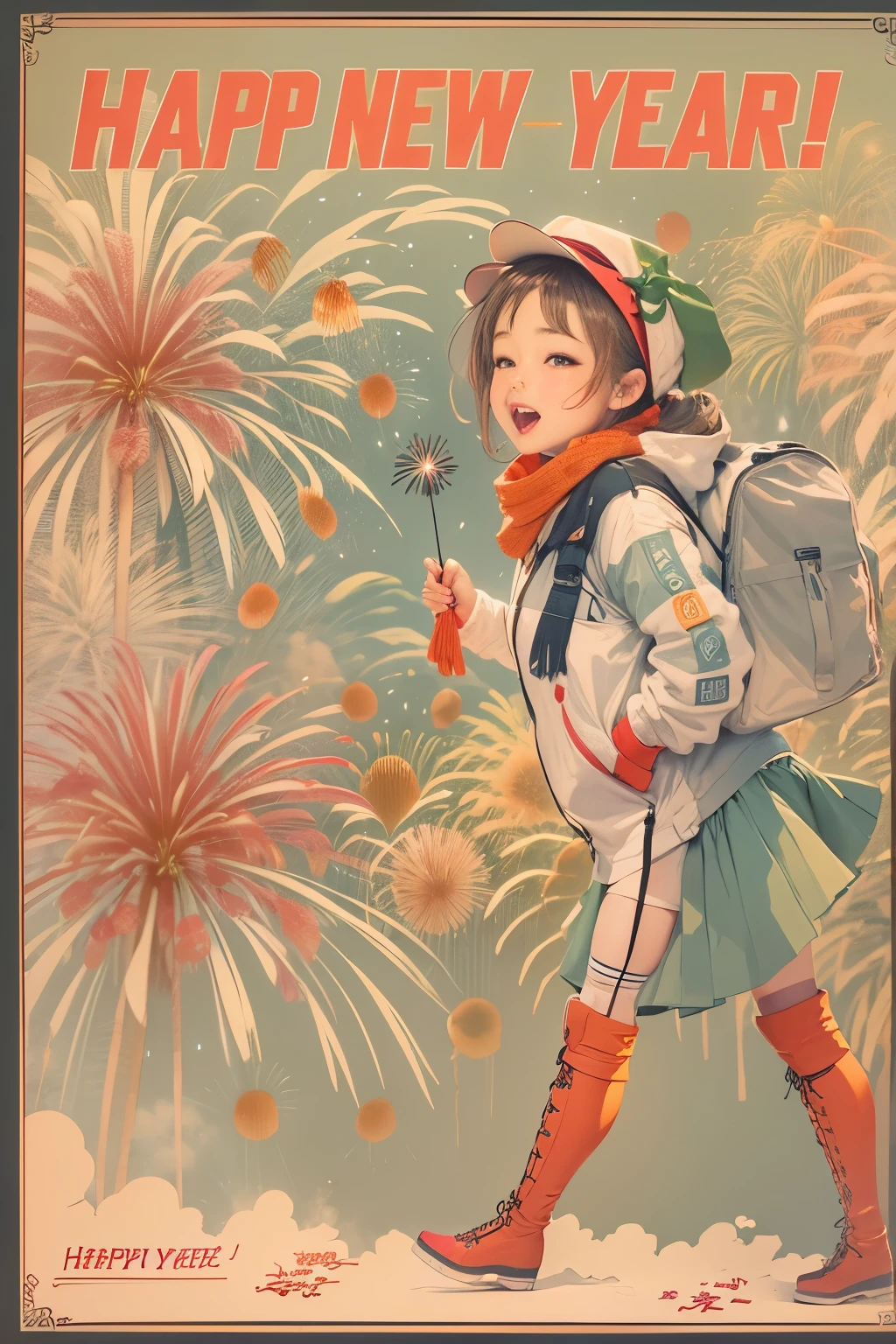 1girl in, Ogle, Wink, fireworks scene, text in "Happy new year!"