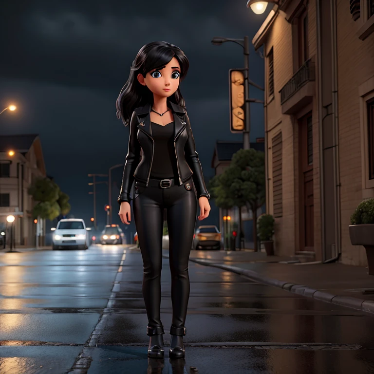 Descreva a cena de uma mulher, wearing a black blouse and black leather jacket and black leather jeans, standing on the sidewalk on a rainy night. She's looking at the horizon, Your admiration visible in your eyes, enquanto a chuva cai suavemente sobre ela. The woman remains motionless, captured by the elegance and vel, dreaming of the day when you can be behind the wheel of such an impressive machine.