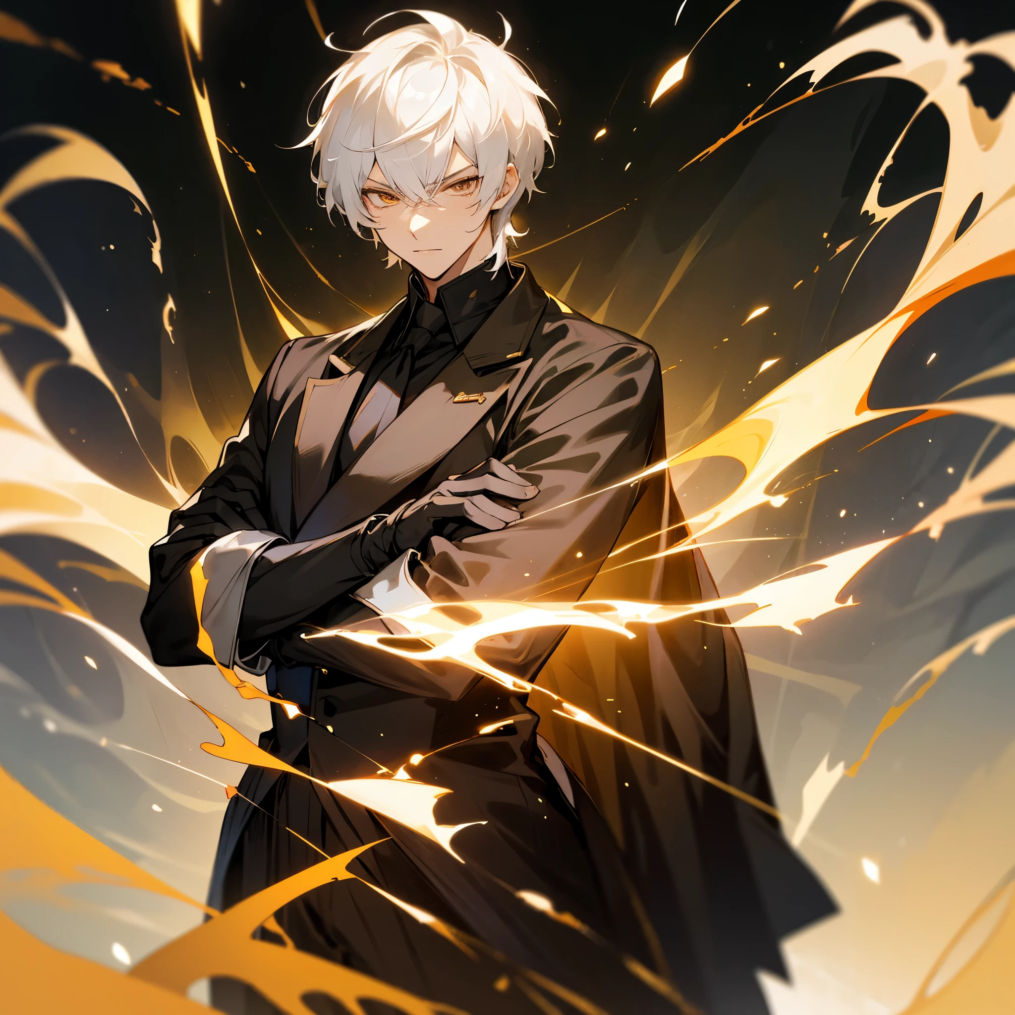 Anime male, teenager, handsome, fair-skinned, resolute eyes, white hair, short hair, deep golden eyes, powerful, black suit with black gloves, golden clothes, royal style, flame, crossed arms