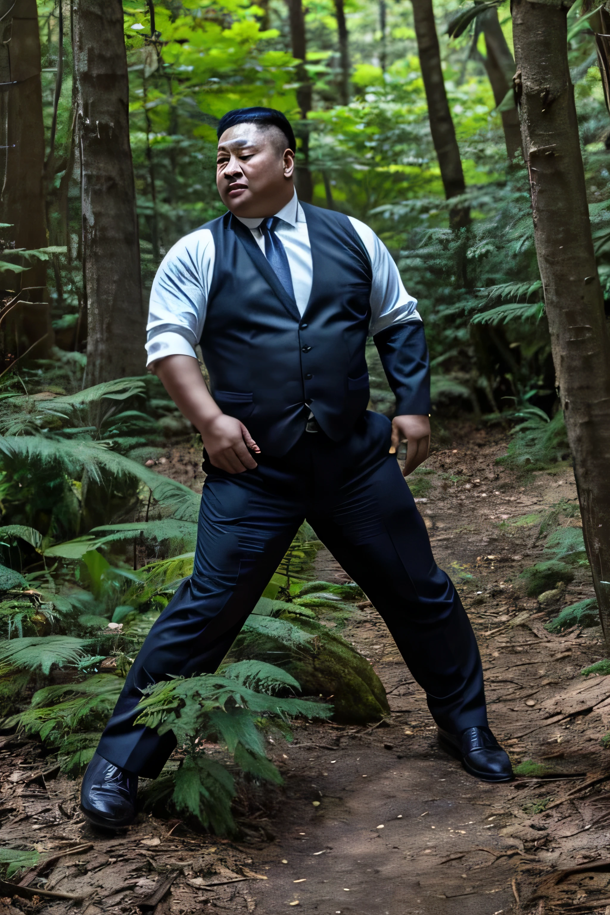 wear suit,Wear a black tie, Fat Chinese mature middle-aged man with security guard,fighting in the forest