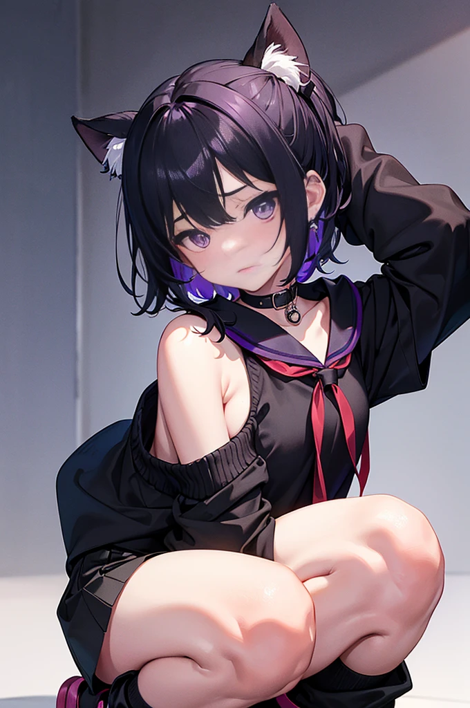 (8K、Highest image quality、highest quality、masterpiece)、detailed face、((one loli))、black hair、short twintails、pink eyes、evil smile、((grin))、small breasts、((cat cutout))、No sleeve、belly button、((black and white striped kneehighs))、((bent over))、put your hand on your mouth、cowboy shot、Back alley background at night
