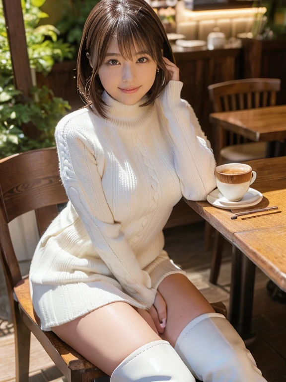 (Photorealistic), (ultra high realistic), (The ultra -The high-definition目), (ultra high detailed), (Increase contrast), (Increase saturation), ( girl、a small face、Extremely beautiful face, natural make up)(fair white skin)(sparkly eyes)A pretty woman with perfect figure, Bright smile,, (Lifelike face), a short bob、Hair hanging over the ears, Realistic eyes, natural make up、beautiful detail, (real looking skin), Beautiful skins, enticing, The ultra -The high-definition, A hyper-realistic, Realistic, Very detailed,, bangss), (super tight knit miniskirt dress、You can see the valley)(((shoe、White knee high boots)))japanese cute idol, 胸のYou can see the valley) Brown hair,((Stylish café))Inviting Pose、Beautiful valley、beutiful breast、thin-waist、big butts、Knee-deep angle