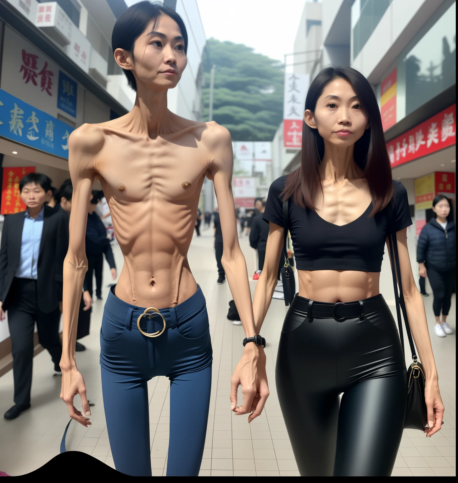 extremely thin woman,with fair skin,The body is very thin,Rib chest,Protruding sternum,The sternum is obvious,The waist is very thin,The ribs are noticeable,Protruding ribs,The pelvic protrusion is very obvious,Clear outline of pelvis,The crotch protrudes,thin shoulde,The waist is very thin,Sunken abdomen,Abdominal muscle atrophy,Delicate arms,arm muscle atrophy,Slender thighs,Short hair details,Asia face,Haggard expression,Excessive weight loss,sunken face,Severe malnutrition