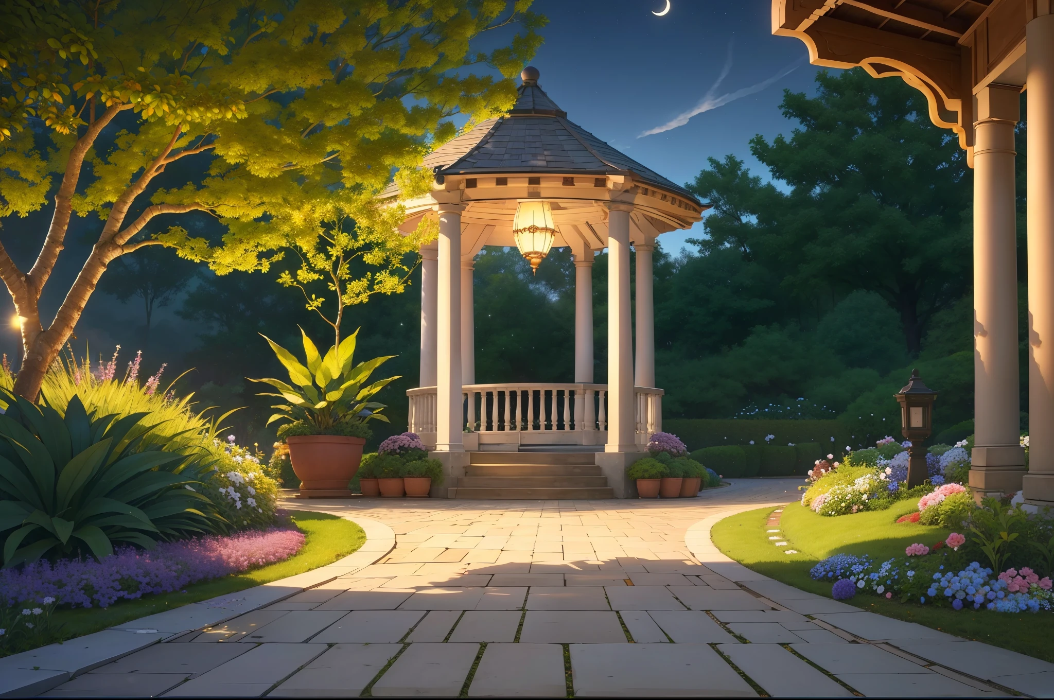 (clarify:1.3), (), a lush green tree, Blooming flowers, rosette, (a plant), 𝓡𝓸𝓶𝓪𝓷𝓽𝓲𝓬, moodiness, the space, As estrelas, Starcloud, beautiful cloud, themoon, What about the lattice, What about the lattice, tropical garden, gazebo, (フォトリアリスティック:1.5), (Good shadows),good construction,Volumetriclighting,电影灯光,good construction,(Best quality at best,Award-Awarded,tmasterpiece:1.5),