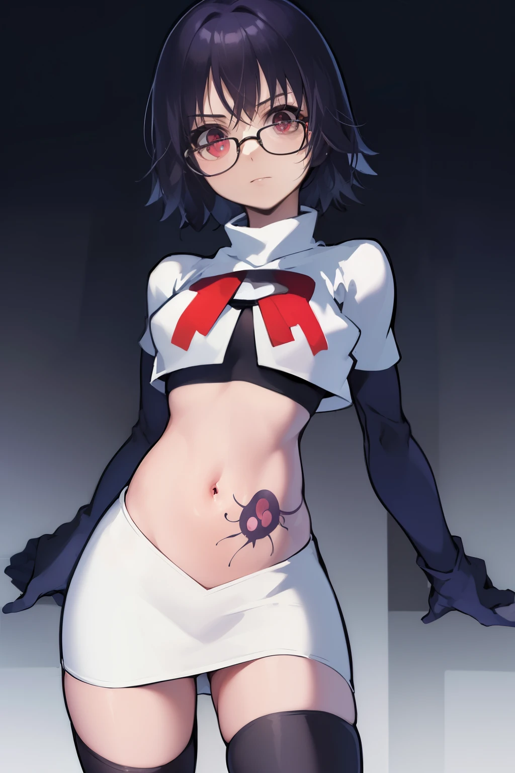 ((masterpiece,best quality)), absurdres,
Shizuku_Murasaki, glasses, stomach tattoo,
solo, looking at viewer, cowboy shot,
cinematic composition, team rocket,team rocket uniform,white skirt,red letter R,crop top,black thigh-highs,black elbow gloves