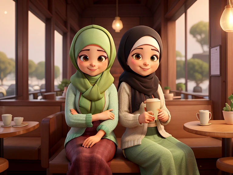 a Malay female, Malay looks, stunningly beautiful, 41 years old, chubby, wearing full covered hijab, green loose sweater, wearing long skirt, sitting and relaxing, enjoying coffee and croissant in a classy cafe, looking at viewer, smiling