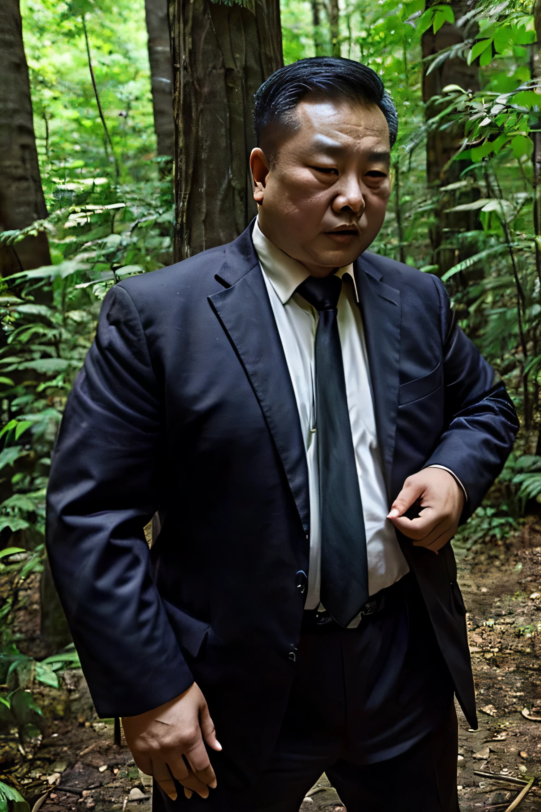 wear suit,Wear a black tie, Fat Chinese mature middle-aged man with security guard,fighting in the forest