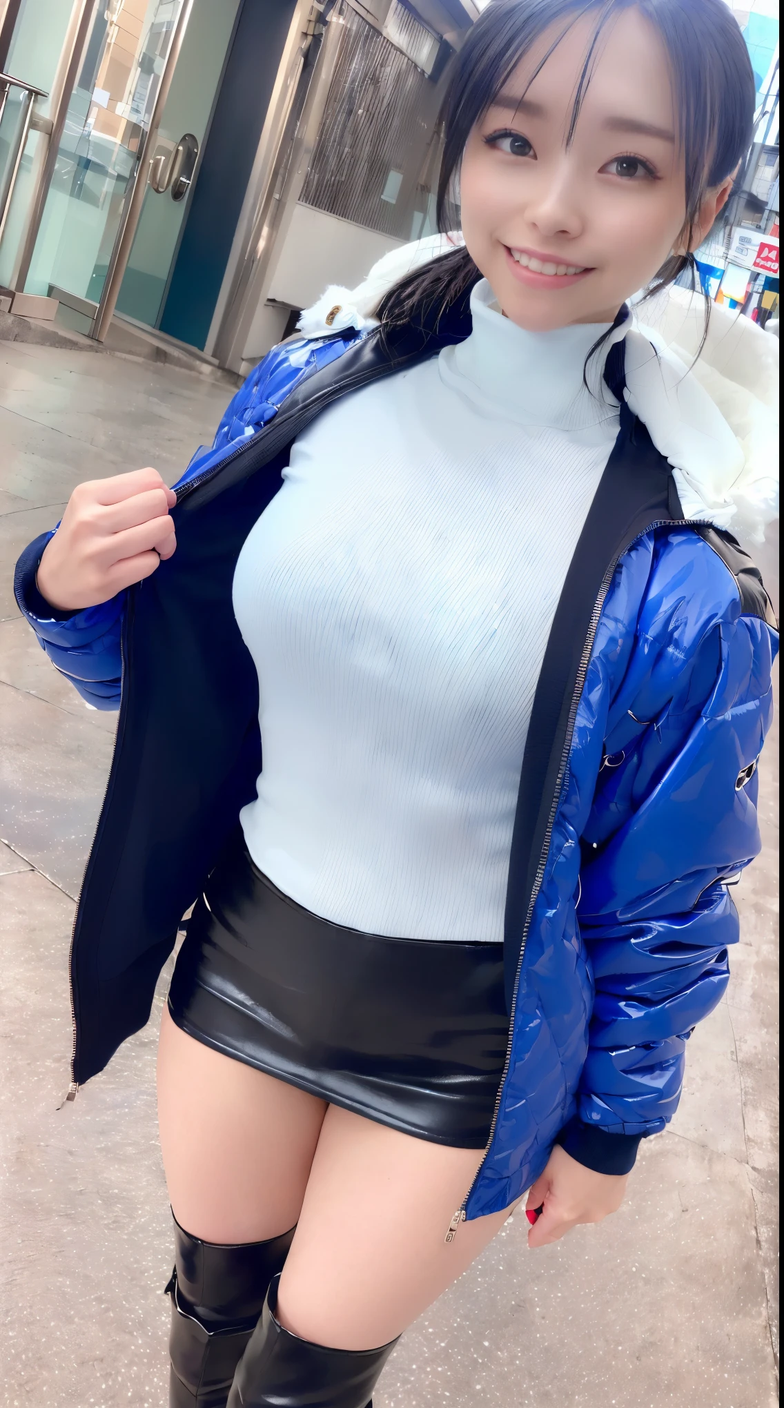 (in 8K、超A high resolution、Best Quality、masuter piece、Photorealsitic、The ultra -The high-definition)、(White turtleneck、Blue down jacket、Definitely a pretty short black micro miniskirt:1.28)(Always walk through the city when it snows:1.1)A Japanese Lady、Cute smile、long boots