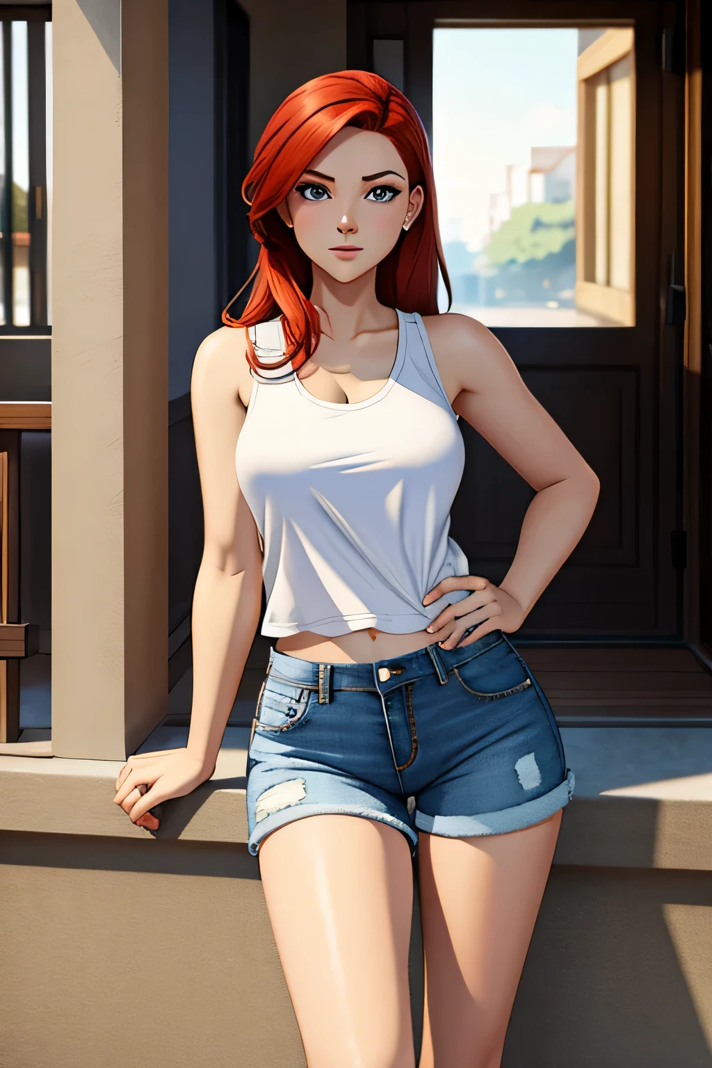 Indie game art,(full body wearing jean shorts and white tank top, Cartoon style), Hand drawn, Technical illustration, Graphic design, redhead, pale skin, standing looking skeptical with arms folded, Ese Merve