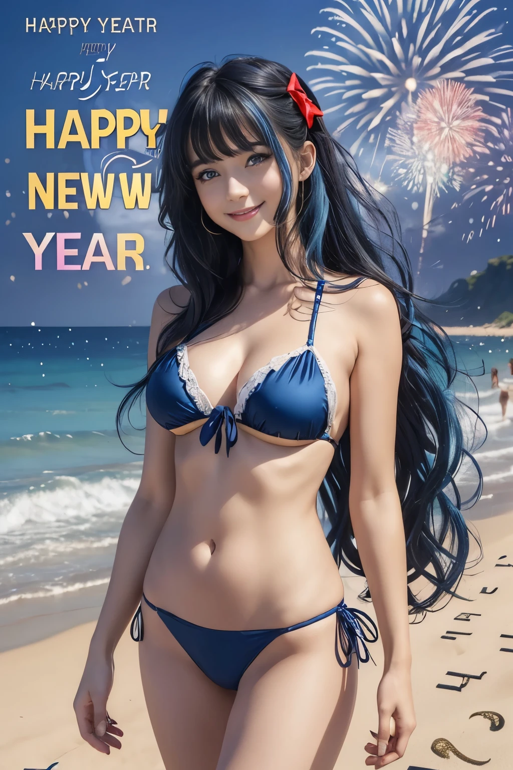 (text in "Happy new year!":1.4), masterpiece, Best Quality, Standing, Lieselotte Cretia, light smile, Long hair, Wavy Hair, Bangs, hair between eye, Hair Bow, Blue eyes, (Blue hair:1), Black Bikini, Beach, fireworks scene,