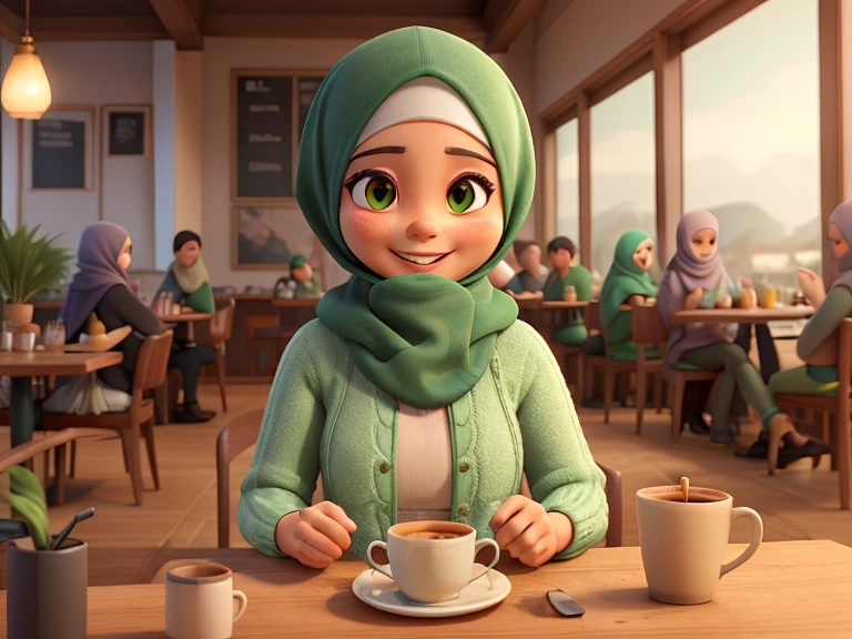 A single Malay female, Malay looks, stunningly beautiful, 41 years old, chubby, wearing chest covered hijab, green loose sweater, wearing long skirt, sitting and relaxing, enjoying coffee and croissant in a classy cafe, looking at viewer, smiling
