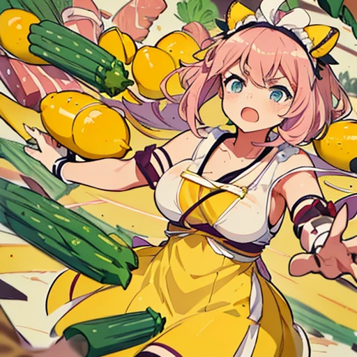 Lemon butter girl flying to serve steak meat、Amazing dynamism、Amazing Angle、Violent gravy sandstorm、((surround each other'Sauteed vegetables))((((A lot of friendly Neapolitan Obi floating and chasing each other.))))