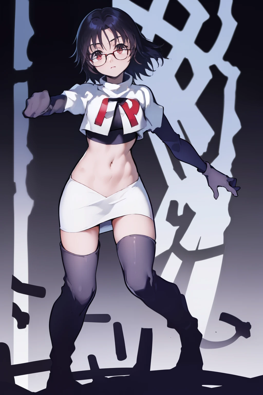 ((masterpiece,best quality)), absurdres,
Shizuku_Murasaki, glasses, stomach tattoo, 
solo, looking at viewer, cowboy shot, 
cinematic composition, team rocket,team rocket uniform,white skirt,red letter R,crop top,black thigh-highs,black elbow gloves