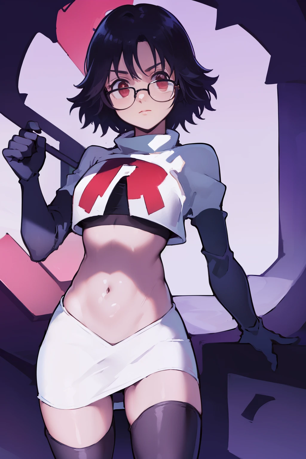 ((masterpiece,best quality)), absurdres,
Shizuku_Murasaki, glasses, stomach tattoo, 
solo, looking at viewer, cowboy shot, 
cinematic composition, team rocket,team rocket uniform,white skirt,red letter R,crop top,black thigh-highs,black elbow gloves