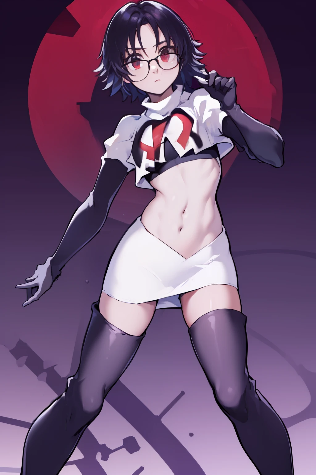 ((masterpiece,best quality)), absurdres,
Shizuku_Murasaki, glasses, stomach tattoo, 
solo, looking at viewer, cowboy shot, 
cinematic composition, team rocket,team rocket uniform,white skirt,red letter R,crop top,black thigh-highs,black elbow gloves