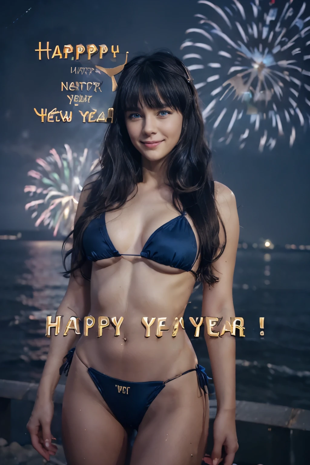 (text in "Happy new year!":1.6), masterpiece, Best Quality, Standing, Lieselotte Cretia, light smile, Long hair, Wavy Hair, Bangs, hair between eye, Hair Bow, Blue eyes, (Blue hair:1), Black Bikini, Beach, night fireworks scene, cinematic lighting