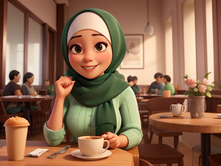 A single Malay female, Malay looks, stunningly beautiful, 41 years old, chubby, wearing breast covered hijab, green loose sweater, wearing long skirt, sitting and relaxing, enjoying coffee and croissant in a classy cafe, looking at viewer, smiling