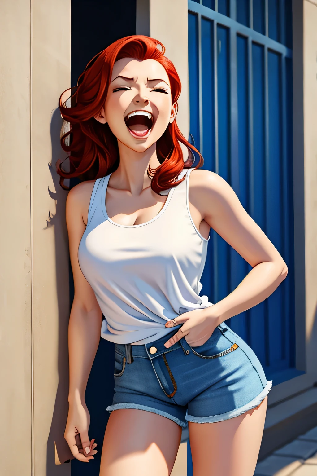 (wearing jeans and a pink bra), American teenager, long red hair, freckles, ((wrists tied up with leather restraints to the ceiling so her arms stretch over her head, heavy bondage)), ((screaming with laughter, so happy that her face hurts, eyes closed, tiny breasts)), (((tickle fight))), (background is the interior of a sorority house)