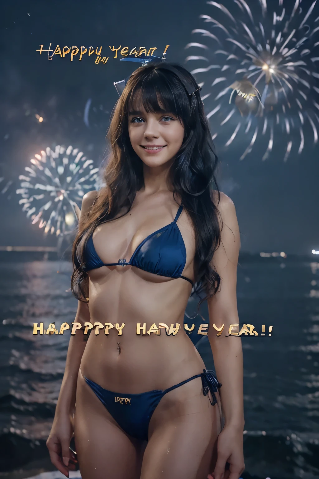 (text in "Happy new year!":1.6), masterpiece, Best Quality, Standing, Lieselotte Cretia, light smile, Long hair, Wavy Hair, Bangs, hair between eye, Hair Bow, Blue eyes, (Blue hair:1), Black Bikini, Beach, night fireworks scene, cinematic lighting