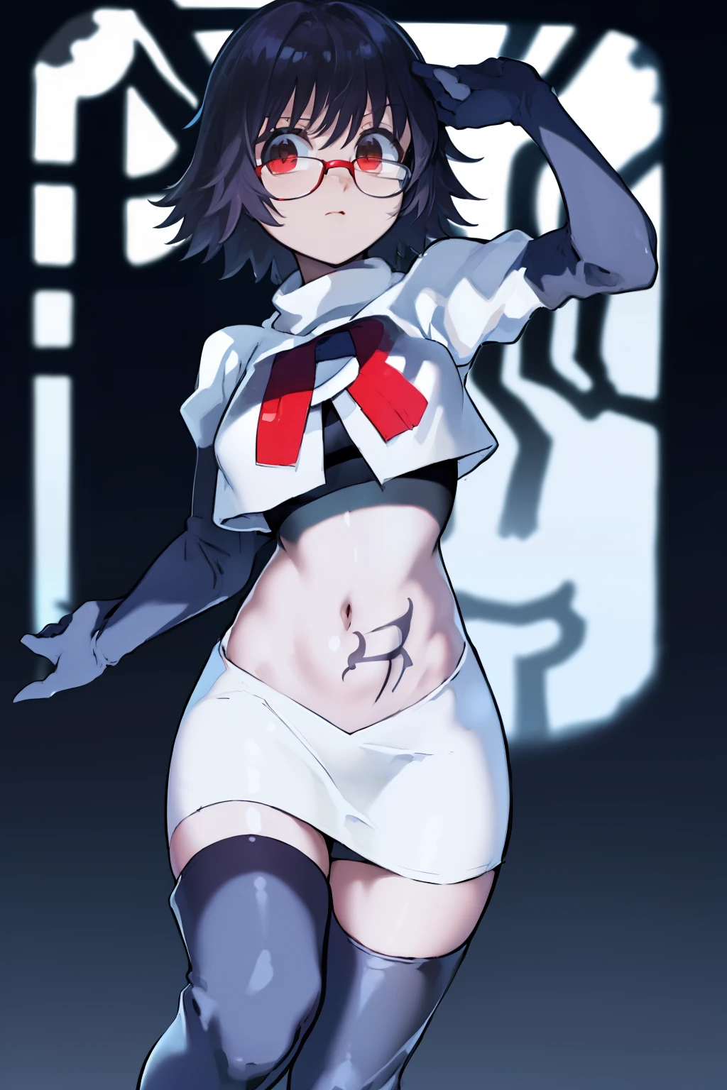 ((masterpiece,best quality)), absurdres,
Shizuku_Murasaki, glasses, stomach tattoo, 
solo, looking at viewer, cowboy shot, 
cinematic composition, team rocket,team rocket uniform,white skirt,red letter R,crop top,black thigh-highs,black elbow gloves