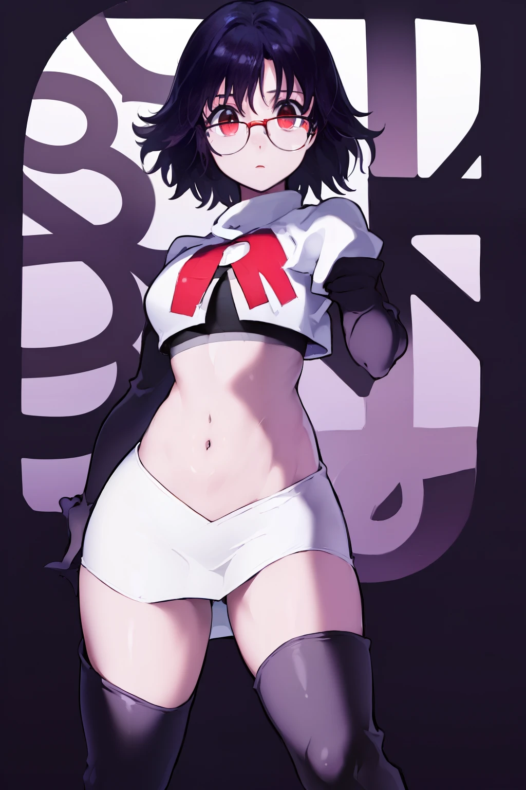 ((masterpiece,best quality)), absurdres,
Shizuku_Murasaki, glasses, stomach tattoo, 
solo, looking at viewer, cowboy shot, 
cinematic composition, team rocket,team rocket uniform,white skirt,red letter R,crop top,black thigh-highs,black elbow gloves