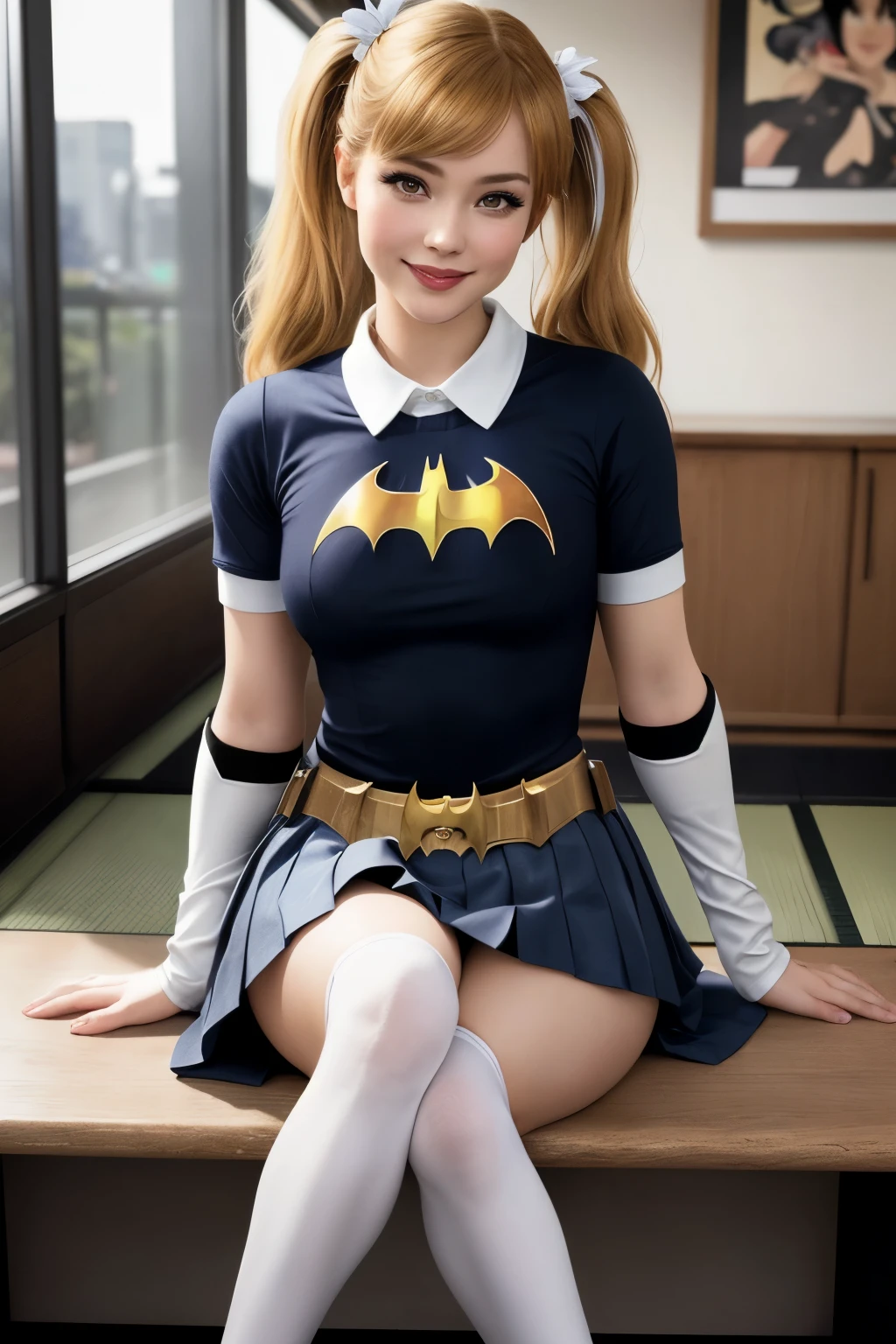 (masterpiece, best quality1.2),illustration,8k,hd,1girls,solo,blonde_hair,long_hair,one_side_up,red_eyes,bangs,smile,blush,collared_shirt,jacket,necktie,shirt,short_sleeves,white_shirt,black_jacket,gloves,open_clothes,open_jacket,striped,striped_necktie,white_gloves,belt,black_shorts,breasts,navel,red_necktie,short_shorts,shorts,hair_ribbon,midriff,fingerless_gloves,ribbon,black_ribbon,star_\(symbol\),thighs,