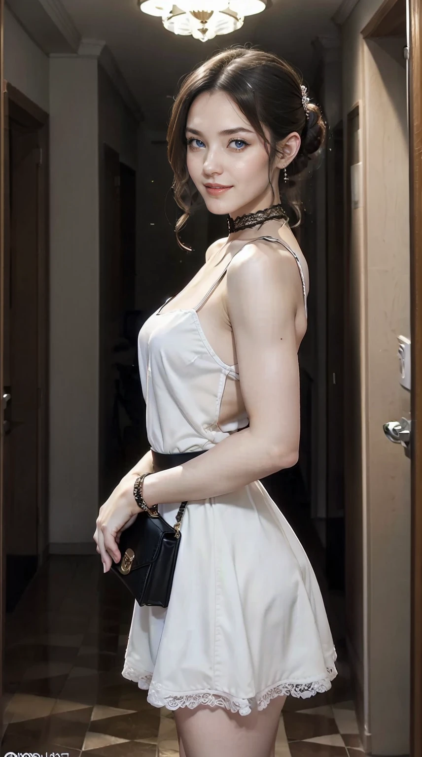 24 year old white female、Hair color is brunette、blue eyess、Longhaire、Straight hair、accessories on wrist、I&#39;m wearing a choker、skin is smooth、a smile、Slender but muscular body、wearing lace fingerless gloves、wearing a princess dress、I'm wearing high heels、I'm pounding my chest、I have a clutch bag、