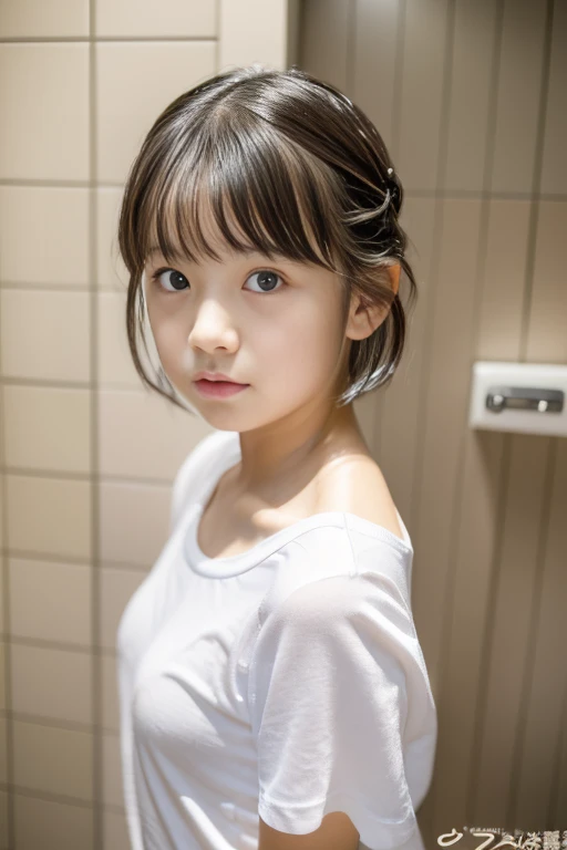 ((highest quality)), ((masterpiece)), (be familiar with), Perfect Face,Japanese,9 years old,Girl,cute,morning,Tank top,camisole,taking a shower with clothes on,Wet Hair,