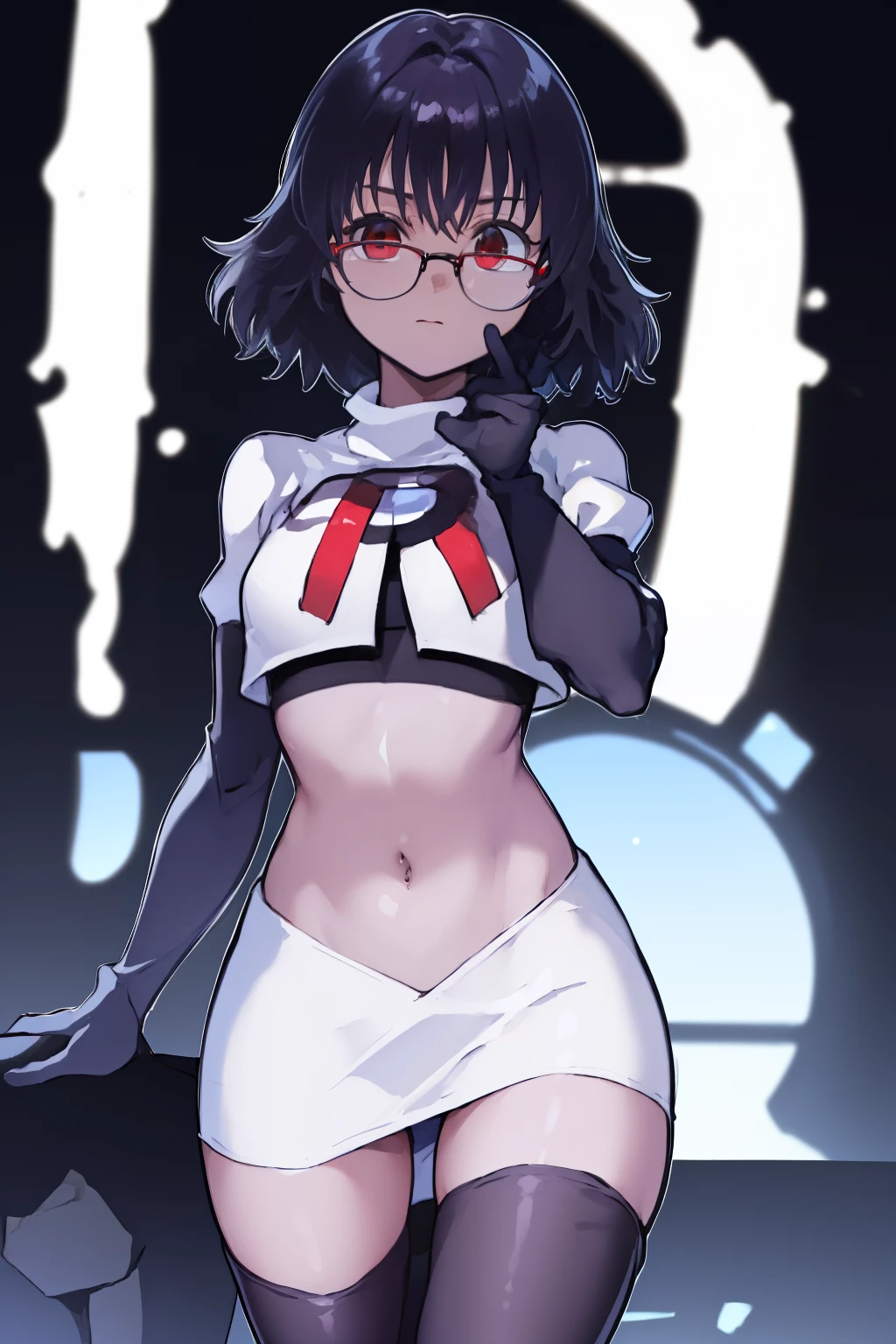 ((masterpiece,best quality)), absurdres,
Shizuku_Murasaki, glasses, stomach tattoo, 
solo, looking at viewer, cowboy shot, 
cinematic composition, team rocket,team rocket uniform,white skirt,red letter R,crop top,black thigh-highs,black elbow gloves