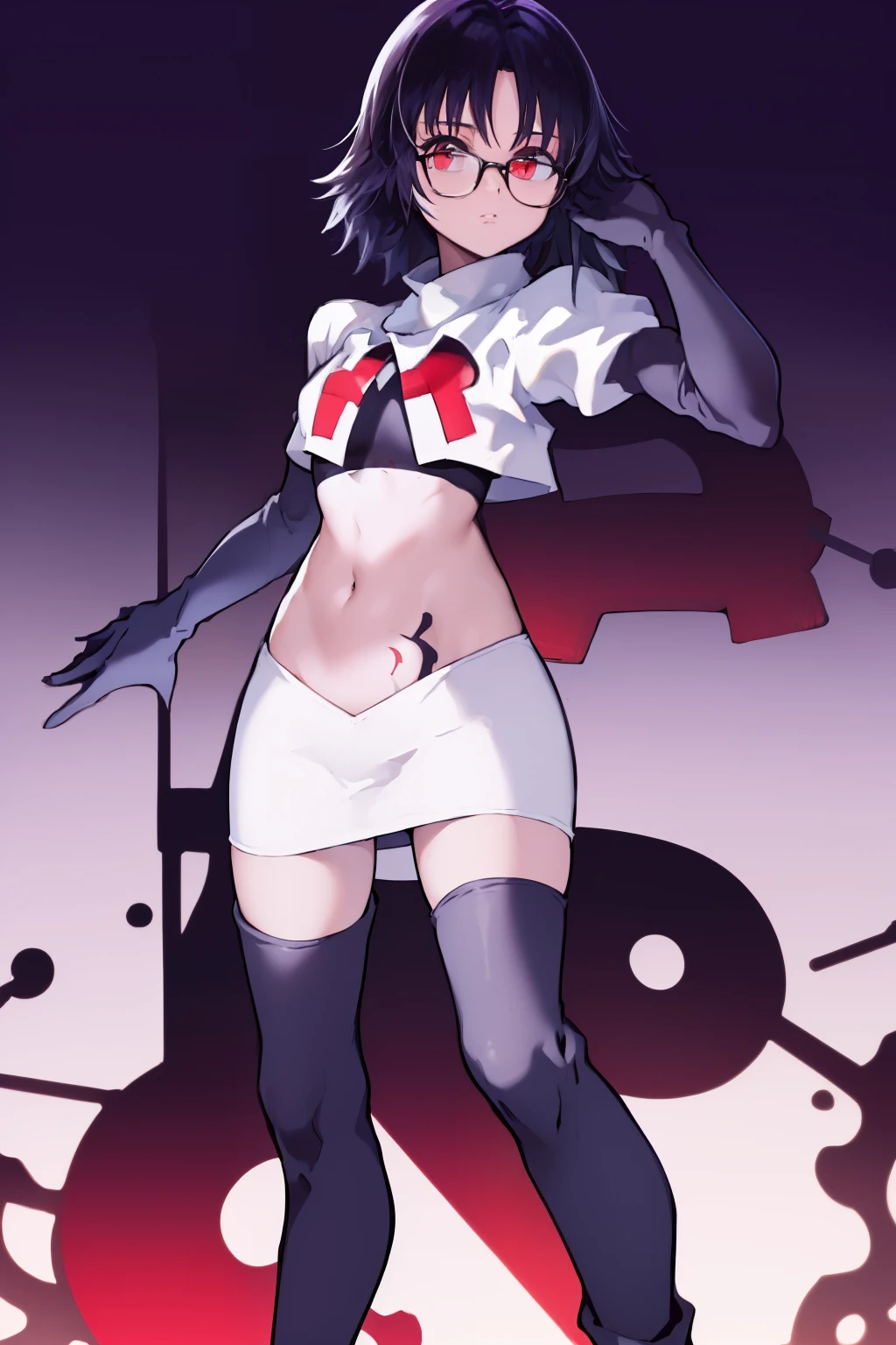 ((masterpiece,best quality)), absurdres,
Shizuku_Murasaki, glasses, stomach tattoo, 
solo, looking at viewer, cowboy shot, 
cinematic composition, team rocket,team rocket uniform,white skirt,red letter R,crop top,black thigh-highs,black elbow gloves