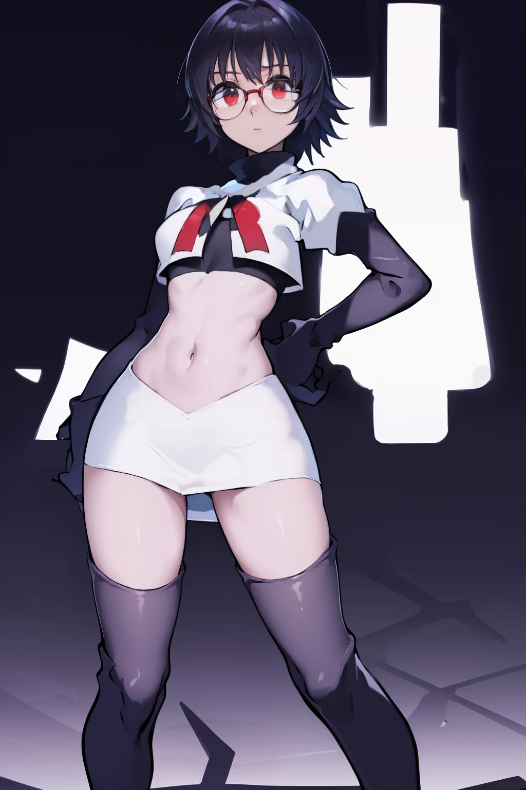 ((masterpiece,best quality)), absurdres,
Shizuku_Murasaki, glasses, stomach tattoo, 
solo, looking at viewer, cowboy shot, 
cinematic composition, team rocket,team rocket uniform,white skirt,red letter R,crop top,black thigh-highs,black elbow gloves