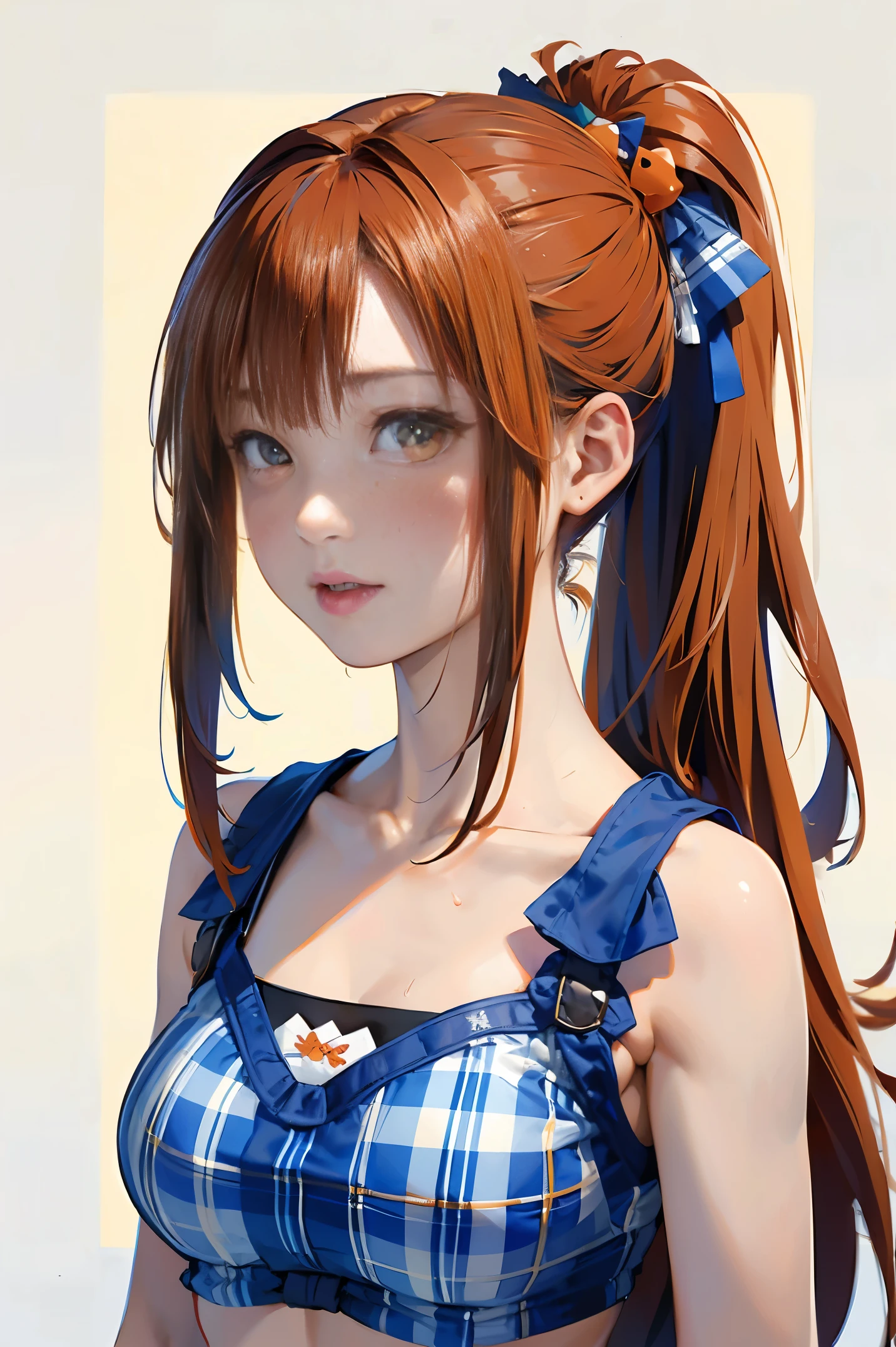 The upper part of the body、an oil painting、​masterpiece、Ink painting style、top-quality、hight resolution、Orange long hair、Orange long hair、Naughty look、(((White and blue plaid bra)))、(((White and blue gingham plaid)))、The upper part of the body、Female face、Embarrassed face、sweat-wet skin、The background is all white、side poneyTail、((Side tail hair))、Arms folded in front of the chest、I'm embarrassed